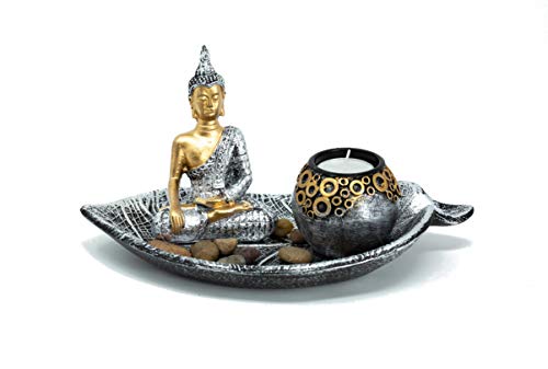 Set de Buda con platillo, portavelas, figura decorativa, incluye piedras decorativas para meditación