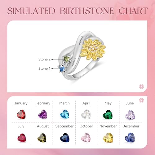 Personalized Mothers Ring with 2-4 Birthstones, Custom Name Sunflower Ring for Women Engagement Wedding Promise Birthstone Ring Mothers Day Christmas Birthday Gifts for Mom Grandma Wife (Sliver-2Stones, 10) — view 2
