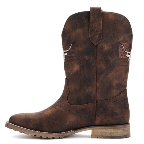 Image of JASONSTAR Western Cowboy Boots for men, Vintage Distressed Brown Square Toe Mid-Calf Boots with Longhorn Skull American Flag Embroidery, Non-Slip Rubber Sole Comfortable for Riding Outdoor Daily Wear