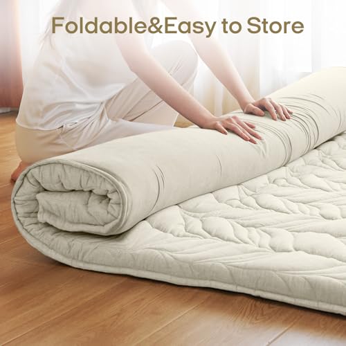 Image of ZonLi Japanese Floor Mattress Futon Mattress Queen Size, Thicken Roll Up Tatami Mat 100% Cotton Washable Cover, Portable & Foldable Floor Bed Mattress for Sleeping, Dormitory, Adult, Khaki