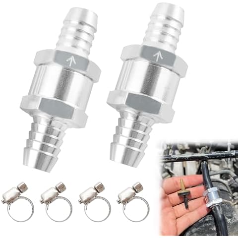 RiAiCiING 1/2'' Non Return One Way Check Valve for Petrol Diesel Fuel Oil Water, Aluminum Alloy Fuel Line Check Valve with Adjustable Hose Clamps Silver(12mm OD,2PCS) Cover