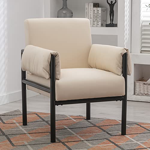 Inzoy Pu Leather Mid Century Modern Chair, Fuax Leather Armchair With Metal Frame, Upholstered Accent Chair For Living Room Bedroom Apartment, Attached Armrest Pad, Beige #TOP12