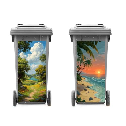 Image of 2 PC Trash Can Sticker 14.57 x 32.28 Inch Nature Landscape Design Vinyl Sticker with Sunset Beach Palm and Mountain Valley Path Pattern for Outdoor Garbage Bin Garden Yard Driveway Home Decor