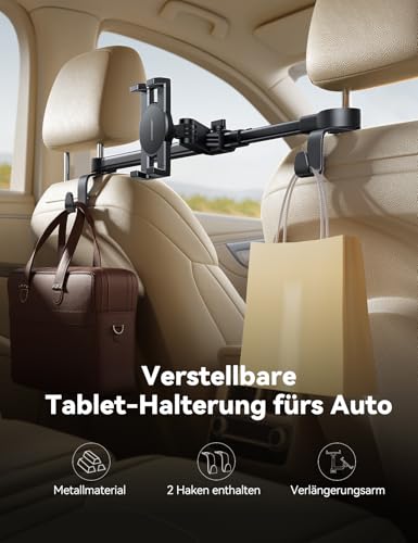 JOYROOM Tablet Halterung Auto Kopfstütze [Bilaterale Fixierung] Tablethalterungen Auto mit Metallarm, iPad Halterung Auto Mitte für 4,7–12,9 iPad, Tablets & Smartphones/Mit 2 Haken