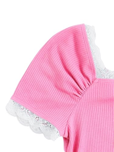 Milumia Girl's Cute Y2K Ribbed Lace Trim Bow Short Sleeve T-Shirts Ruched Square Neck Tee Tops3