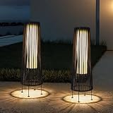 TRIROCKS Zewnętrzna lampa podłogowa, 2-częściowa, zasilana energią słoneczną, pleciona lampa solarna z liną oliwkową, wodoodporna rattanowa lampa solarna na taras, do ogrodu, na trawnik, podwórko