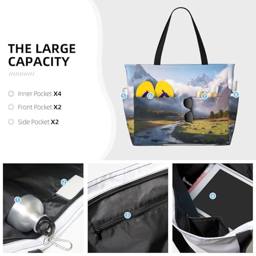 (Travel Mountain Scenery) Large Beach Tote Bag For Women With Zipper Foldable Lightweight Travel Pool Bag For Vacation Shopping3