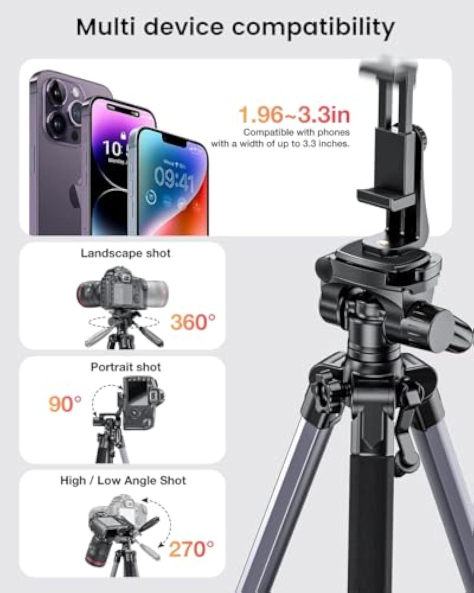 Camera Tripod with 3-Way Head for Photography & Video