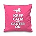 Funda de cojín rosa con texto en inglés "Keep Calm and Canter On" (40,64 x 40,64 cm)