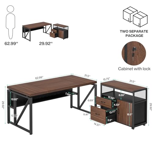 Image of Tribesigns 63 inch Executive Deskwith Drawer Cabinet, L Shaped Desk and lateral File Cabinet, 2 Piece Home Office Furniture Set with Drawers for Hanging, Doors with Locks