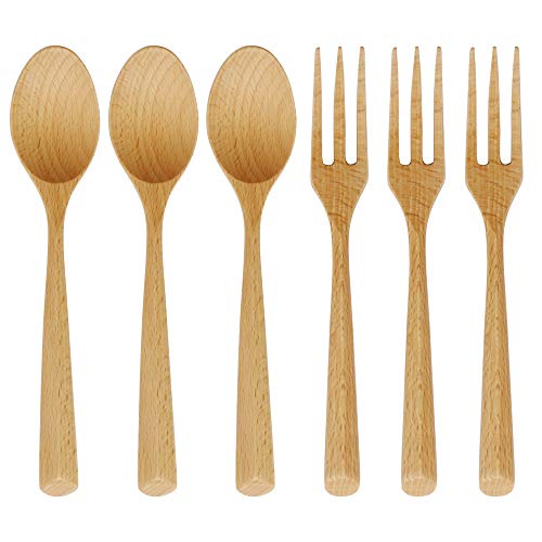 Wooden Forks and Spoons Set, ADLORYEA 6 Piece Natural Wood Eating Utensils, 7.5