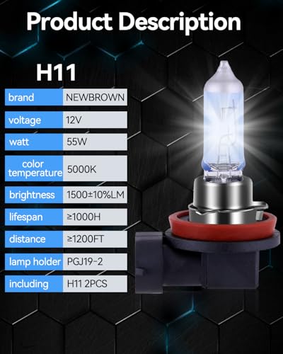 Image of NEWBROWN H11 Headlight Bulb H11 Halogen Headlight Bulb 5000K Super White Light Long Life Replacement PGJ19-2 12V /55W (H11, 2 Pack)
