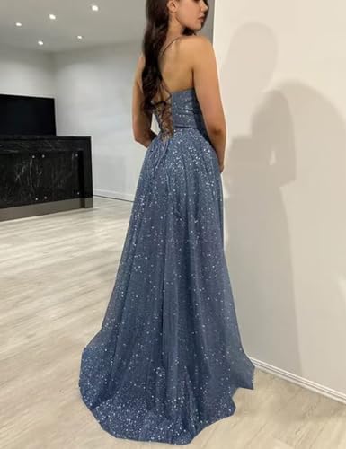 Womens Glittery Spaghetti Straps Sweetheart Prom Dresses Side Slit A Line Long Ruched Evening Gowns with Pocket3