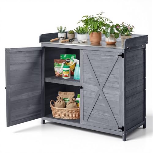 VEVOR Pflanztisch, Gärtnertisch, Gartenarbeitstisch mit Unterschrank & Großer Tischplatte, Gartenschrank mit viel Stauraum, Blumentisch für Terrasse & Garten, Grau, 980x480x950 mm
