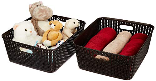 Image of Amazon Brand - Solimo Storage Basket, Set of 2, Large, Brown, Plastic & Amazon Brand - Solimo Kitchen Drawer Organiser, Set of 8, Grey