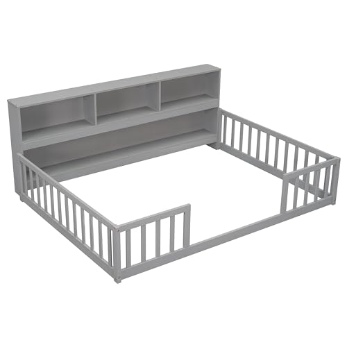 Fullmontessorifloorbedwithbedsidebookcaseshelvesforgirlsboysfullsizefloorbedwsafetyguardrailsforgirlsboysnoboxspringneededgrey Urban Country Home Decor Full montessori floor bed with bedside bookcase shelves for girls boysfull size floor bed wsafety guardrails for girlsboysno box spring needed grey urban country home decor