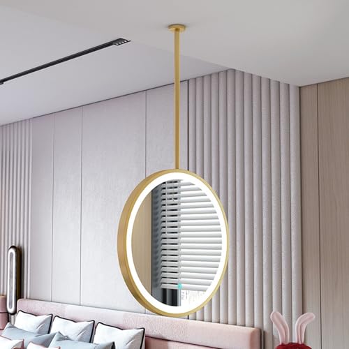 Espejo montado en el Techo Espejo Redondo LED con Marco de Metal y Brazo, Luces Regulables de 3 Colores, Espejos suspendidos para Sala de Estar, Dormitorio y baño(Diameter-40CM/15.7INCH)