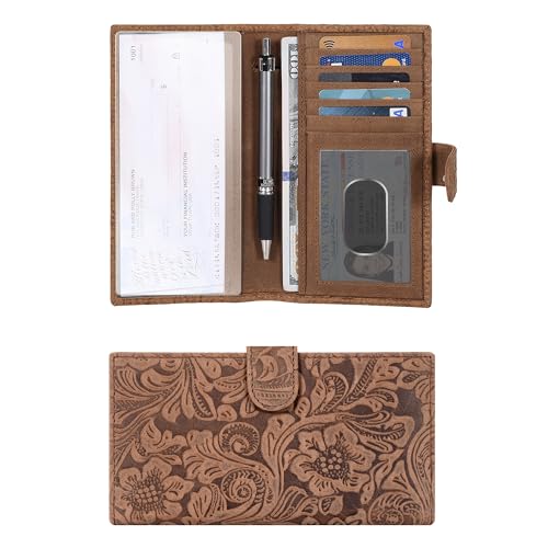 Oak Leathers Checkbook Cover Slim Minimalist For Men with RFID Blocking Credit Card Holder Wallet (Vintage Flower Cognac)