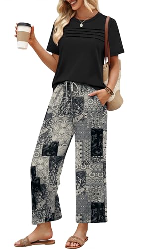 WIHOLL Two Piece Sets for Women Summer Dressy Casual Vacation Outfits Cruise Airport Travel Beach Clothes Comfy Matching Sets Women Fashion Clothing Black Capri Pants L