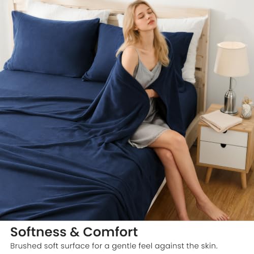 Image of Love's cabin Fleece Queen Sheet Set - 4 Pcs Dark Blue Winter Soft Plush Polar Fleece Bed Sheets Set with 16 inch Deep Pocket,Cozy Warmth for Cold Season(1 Flat Sheet,1 Fitted Sheet,2 Pillow Cases)