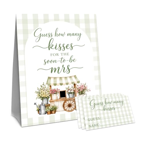 Guess How Many Kisses Bridal Shower Game, 50 Guest Guess Cards with 5 x 7 Inch Standing Sign, Sage Green Gingham Bride-to-Be Activity, Wedding Shower Table Decoration - A13