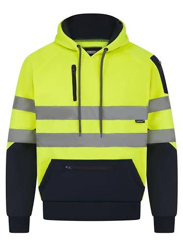 Image of LABEL APPAREL Hi Vis Mens Hoodie Reflective Tape Pullover Winter Hooded Jacket Warm Safety Security Workwear Jumper For Men UK -Yellow/Navy - L