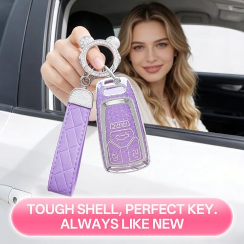 for Audi Key Fob Cover with Keychain,Soft TPU Protector Bling Car Keys Case Shell Compatible with Audi A6 A7 A8 / S4 S5 S8 SQ5 SQ7 / RS4 RS5 R8 TTRS TTS TT / B9 C8 D5 F5 Q2 / FY 4M FV (Silver Purple) — view 6