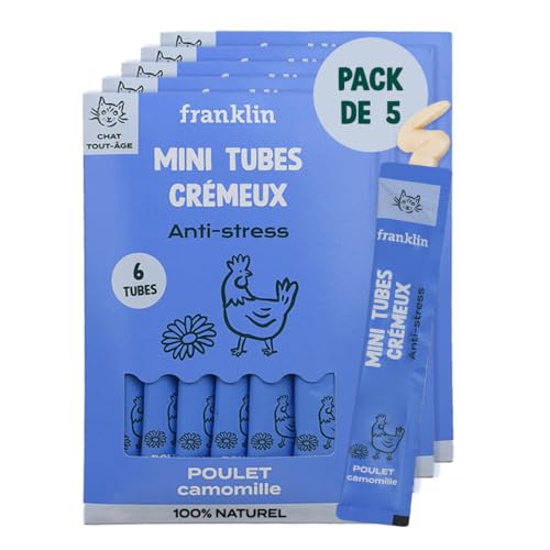 FRANKLIN – Tube Crémeux Chat – Creamy Snack Poulet – Texture Crémeuse et Onctueuse – Ingrédients 100% Naturelles – Faible en Calories – Anti-Stress – 30 Tubes x 15g