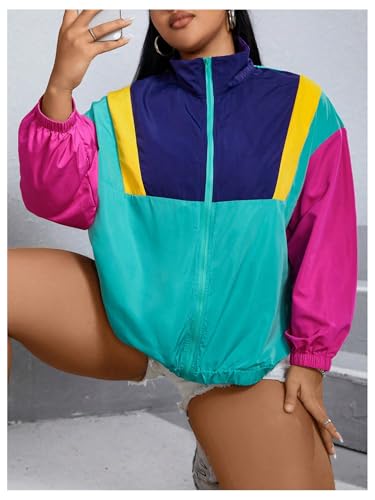 SweatyRocks Women's Plus Size Jackets Lightweight Color Block Collared Windbreaker Jackets3