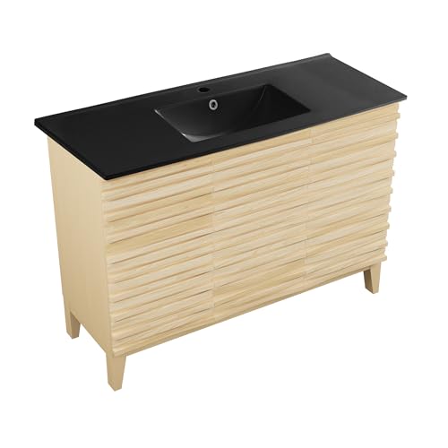 Image of Swiss Madison Cascade 48 in. Natural Oak Bathroom Vanity with Black Ceramic Sink Top