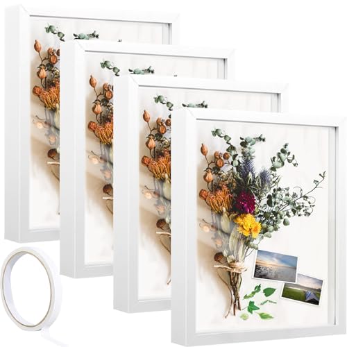 4 Pack Shadow Box Frame, Box Picture Frame, Wood Deep Shadowbox with Glass Shadow Boxes Display Cases Suitable with Adhesive Tape for Photos, Dried Flowers, Handicrafts Picture Frame (8*10 White)