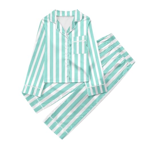 Genérico Conjunto de Pijama de Manga Larga con Solapa Abotonada y pantalón con Estampado Informal para niños (Mint Green, 11-12 Years)