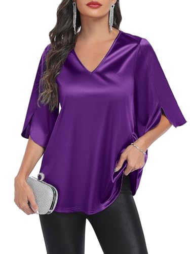 Qnursma Women’s Stretch Satin Blouses for Women Dressy Casual Elegant V Neck Tops for Women 3/4 Sleeve Flowy A-Line Silky Shirt for Wedding Guest Evening Party Outfits Church Work Clothes Purple