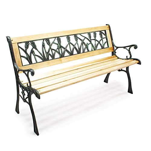 WilTec Banc de Jardin Banquette Ulrike en Bois et Fer de Fonte Design Tulipes 2 Places Extérieur Terrasse