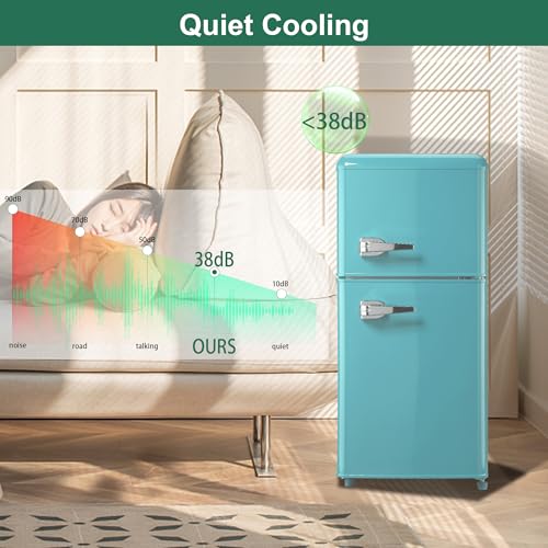 Image of Retro Mini Refrigerator with Freezer 3.5 Cu. Ft. with 7-Level Adjustable Thermostat, Vintage Small Fridge with Freezer for Apartment, Compact Retro Fridge for Office, College, RV, Mint Blue