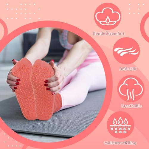 Jeyiour 4 Pairs Non Slip Pilates Socks with Gripper for Women Pink Yoga Non Skid Crew for Barre Hospital Sticky Slipper Socks2