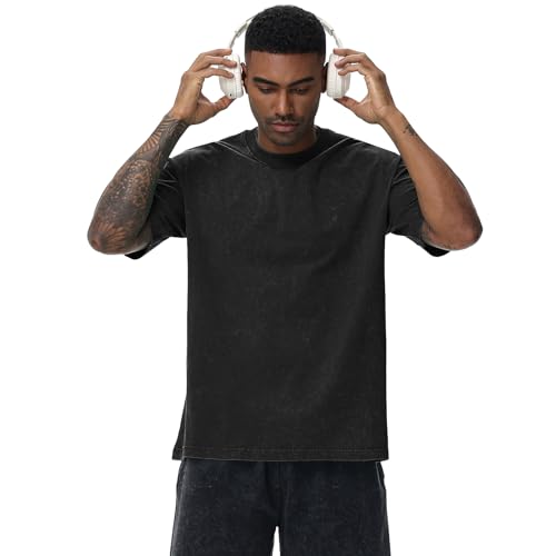 Image of Men's Oversized Cotton T-Shirts Loose Fit Vintage Washed Tee Unisex Short Sleeve Casual Shirts Tops