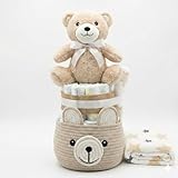 Tarta De Pañales con Peluche, Manta y Canastilla Bebé - Regalo Original Para Recién Nacido - Incluye DEDICATORIA - Tarta Pañal Bebé Con Manta (Oso marrón)