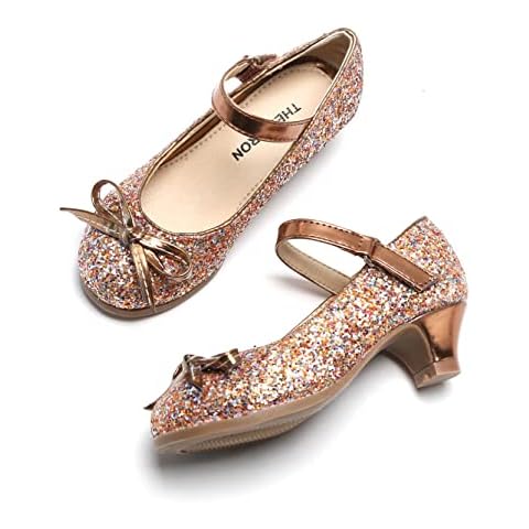 THEE BRON Little Girls Mary Jane Heels Dress Shoes Princess Bow Party Wedding Pumps(910 Little Kid,Rose/12M) Cover