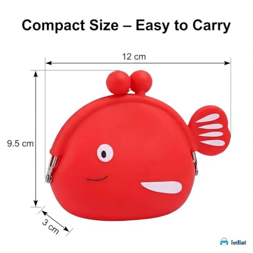 Image of FunBlast Cute Fish Shape Silicone Coin Purse for Kids & Adults - Mini Pouch for Coins, Earphones, Keys & Small Essentials, Aesthetic Pouches for Girls & Women - 12 X 9.5 X 3 Cm (Red)
