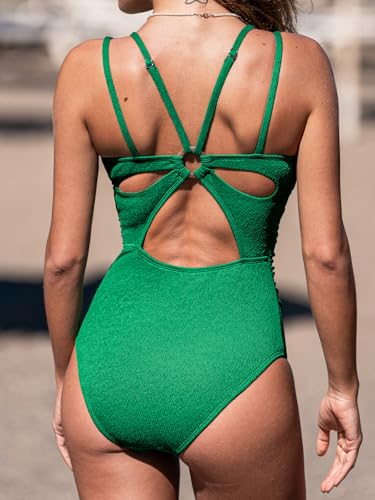 Image of CUPSHE Women's V Neck One Piece Cutout Tummy Control Swimsuit | Double Adjustable Straps,Back Cutout,O Ring,Soft Removable Cups,Flattering Bathing Suit For Vacation And Beach