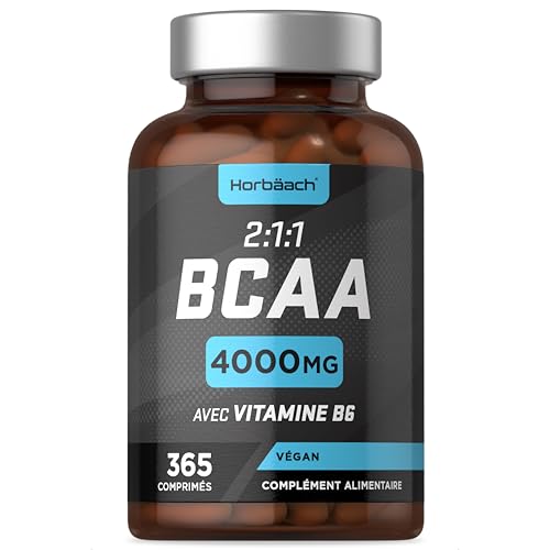 BCAA 2:1:1 4000mg | 365 Comprimés Vegan Pour 3 Mois | Acides Aminés à Chaîne Ramifié L-Leucine, L-Isoleucine, L-Valine et Vitamine B6 | Supplément Pre Workout Post Workout | par Horbaach