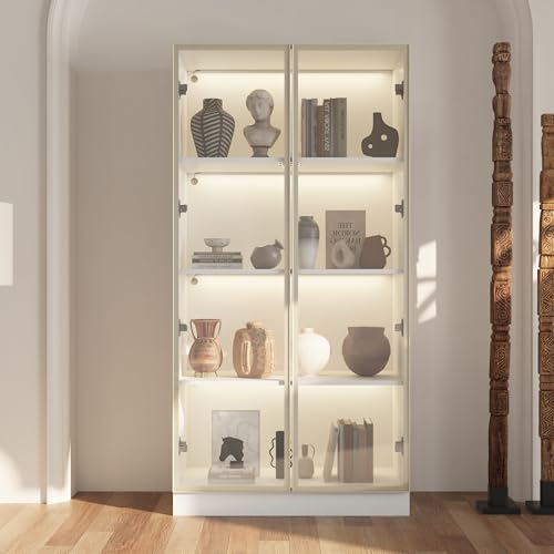 Caldion Vitrinenschrank mit Glastüren und Beleuchtung, Glasvitrine Stehend mit 4-stufigen...