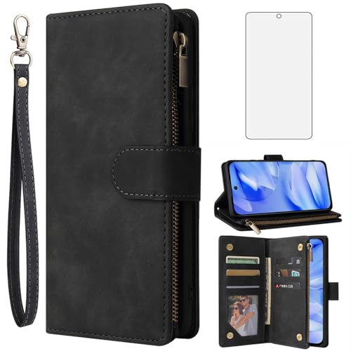Étui portefeuille Google Pixel 9A Asuwish en cuir noir avec porte-cartes et verre trempé