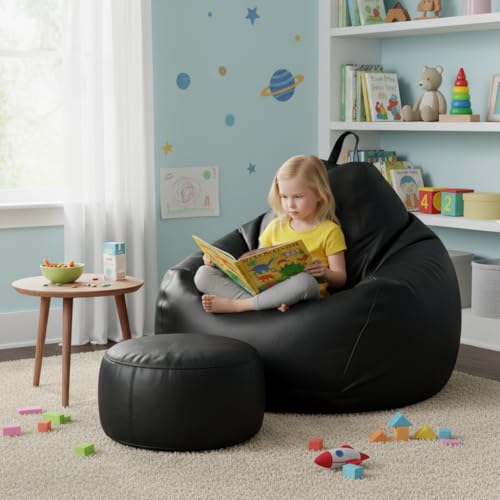 Image of KAM'S LIEU Bean Bag Chair with Footrest & Cushion | Pre-Filled Beans | PVC Leatherette Lounger Sofa | Indoor & Outdoor Bean Bag | 6 Months Warranty Size & Color- (Black, XXXXXL, Premium)