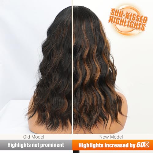 Image of Nnzes Black Mixed Brown Wig with Bangs Short Bob Wavy Wigs Synthetic Curly Wig for Women Natural Looking Heat Resistant Fiber Hair for Daily Party Use