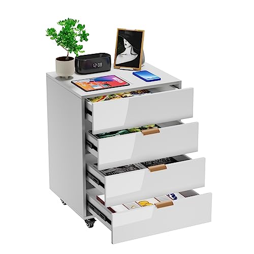 Rcynview Mesita de Noche con 4 Cajones Mesilla de Noche de Nórdico para Dormitorio Mesita Auxiliar Minimalista para Cama Blanco, Mesitas de Noche con Ruedas para Salón, Oficina, 50 x 40 x 66 cm