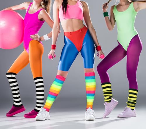 Image of Benefeet Striped Leg Warmers for Women & Girls - Ribbed Knit Soft Colorful Long Warmers for 80s 90s Dance Party