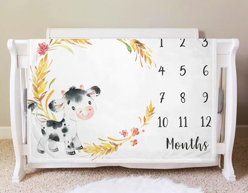 Image of Yuzioey Cow Milestone Blanket, Farm Animals Baby Growth Chart Monthly Blanket, Watch Me Grow Cow Baby Nursery for New Moms Shower(50 inchx40 inch)