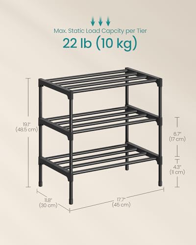 Image of SONGMICS 3-Tier Shoe Rack for Closet, Compact Metal Shoe Organizer Shelf for Entryway, Bedroom, Small Spaces, Stackable, 11.8 x 17.7 x 19.1 Inches, Black ULSA113BH01